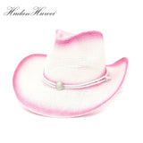 Pink Paint Spraying Paper Straw Cowboy Hats Summer Men Women Wide Brim Sun Protection Hat Panama Beach Cap with Windproof Rope