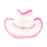 Pink Paint Spraying Paper Straw Cowboy Hats Summer Men Women Wide Brim Sun Protection Hat Panama Beach Cap with Windproof Rope