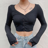 Women Long Sleeve Crop Tops Sexy Deep V Neck Basic Solid Black White Casual Tshirt  Women Crop Tee Shirt Summer Autumn