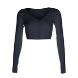 Women Long Sleeve Crop Tops Sexy Deep V Neck Basic Solid Black White Casual Tshirt  Women Crop Tee Shirt Summer Autumn