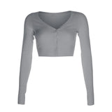 Women Long Sleeve Crop Tops Sexy Deep V Neck Basic Solid Black White Casual Tshirt  Women Crop Tee Shirt Summer Autumn