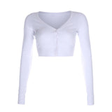 Women Long Sleeve Crop Tops Sexy Deep V Neck Basic Solid Black White Casual Tshirt  Women Crop Tee Shirt Summer Autumn