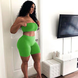 Women Party Club Two Piece Set Casual Strapless Solid Tube Tops + Short Pant Suit Set Female Outfit Sportwear Tracksuit Joggings