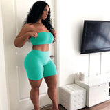 Women Party Club Two Piece Set Casual Strapless Solid Tube Tops + Short Pant Suit Set Female Outfit Sportwear Tracksuit Joggings