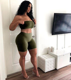 Women Party Club Two Piece Set Casual Strapless Solid Tube Tops + Short Pant Suit Set Female Outfit Sportwear Tracksuit Joggings