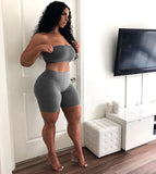Women Party Club Two Piece Set Casual Strapless Solid Tube Tops + Short Pant Suit Set Female Outfit Sportwear Tracksuit Joggings