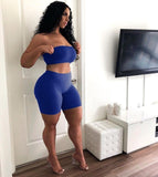 Women Party Club Two Piece Set Casual Strapless Solid Tube Tops + Short Pant Suit Set Female Outfit Sportwear Tracksuit Joggings
