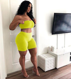 Women Party Club Two Piece Set Casual Strapless Solid Tube Tops + Short Pant Suit Set Female Outfit Sportwear Tracksuit Joggings