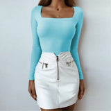 New Fashion Women's Long Sleeve Solid Square-Neck Long Top Loose T-shirt casual  t-shirts