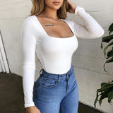 New Fashion Women's Long Sleeve Solid Square-Neck Long Top Loose T-shirt casual  t-shirts