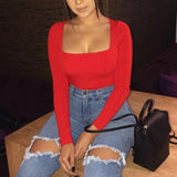 New Fashion Women's Long Sleeve Solid Square-Neck Long Top Loose T-shirt casual  t-shirts