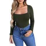 New Fashion Women's Long Sleeve Solid Square-Neck Long Top Loose T-shirt casual  t-shirts