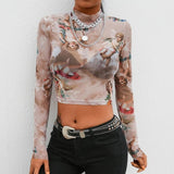 Angel Printed Transparent Mesh T-Shirt Women