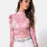 Angel Printed Transparent Mesh T-Shirt Women