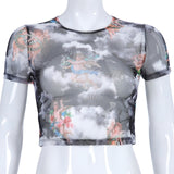 Angel Printed Transparent Mesh T-Shirt Women