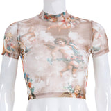 Angel Printed Transparent Mesh T-Shirt Women