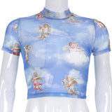 Angel Printed Transparent Mesh T-Shirt Women