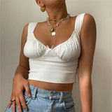 Women Summer Milkmaid Crop Tops Tanks Summer White Ruched Bow Slim Camis 2019 Ladies Wide Strap Tees Skinny Femme Camisole S M L