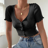 Summer Tops For Women 2020 V-Neck Ribbed Short-Sleeve Button Short Top  Deep V-Neck Streetwear Tanks Tops Camis