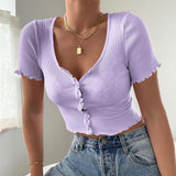 Summer Tops For Women 2020 V-Neck Ribbed Short-Sleeve Button Short Top  Deep V-Neck Streetwear Tanks Tops Camis