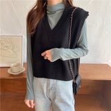 Autumn Sleeveless Sweater Women Sweet Solid Color V Neck Knitted Loose Sleeveless Slim Vest Jumpers Pull Femme