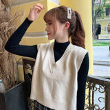 Autumn Sleeveless Sweater Women Sweet Solid Color V Neck Knitted Loose Sleeveless Slim Vest Jumpers Pull Femme