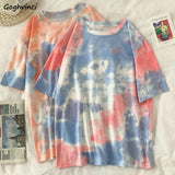 Short Sleeve T-shirts Women Tie-dye O-neck Chic Plus Size 2XL Oversize Tees Teens Womens Harajuku High Street Ulzzang Ins Tops