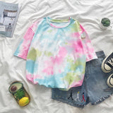 Short Sleeve T-shirts Women Tie-dye O-neck Chic Plus Size 2XL Oversize Tees Teens Womens Harajuku High Street Ulzzang Ins Tops