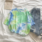 Short Sleeve T-shirts Women Tie-dye O-neck Chic Plus Size 2XL Oversize Tees Teens Womens Harajuku High Street Ulzzang Ins Tops