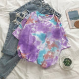 Short Sleeve T-shirts Women Tie-dye O-neck Chic Plus Size 2XL Oversize Tees Teens Womens Harajuku High Street Ulzzang Ins Tops