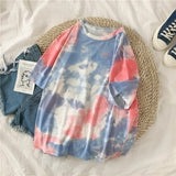 Short Sleeve T-shirts Women Tie-dye O-neck Chic Plus Size 2XL Oversize Tees Teens Womens Harajuku High Street Ulzzang Ins Tops
