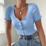 Women's Knitted V-Neck Ribbed Short-Sleeve Crop Top With Button Short Summer Top Short Shirt Solid Color Casual Tops топ женский
