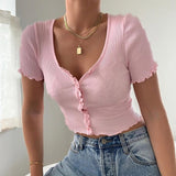Women's Knitted V-Neck Ribbed Short-Sleeve Crop Top With Button Short Summer Top Short Shirt Solid Color Casual Tops топ женский