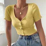 Women's Knitted V-Neck Ribbed Short-Sleeve Crop Top With Button Short Summer Top Short Shirt Solid Color Casual Tops топ женский