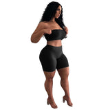 Women Party Club Two Piece Set Casual Strapless Solid Tube Tops + Short Pant Suit Set Female Outfit Sportwear Tracksuit Joggings