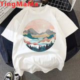 Funny The Great Wave T Shirt Women Kawaii Summer Tops Cartoon T-shirt Vaporwave Cute Mountain Peak Graphic Tees Plus Size Female