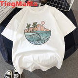 Funny The Great Wave T Shirt Women Kawaii Summer Tops Cartoon T-shirt Vaporwave Cute Mountain Peak Graphic Tees Plus Size Female