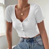 Summer Tops For Women 2020 V-Neck Ribbed Short-Sleeve Button Short Top  Deep V-Neck Streetwear Tanks Tops Camis