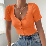 Summer Tops For Women 2020 V-Neck Ribbed Short-Sleeve Button Short Top  Deep V-Neck Streetwear Tanks Tops Camis