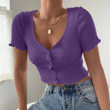 Summer Tops For Women 2020 V-Neck Ribbed Short-Sleeve Button Short Top  Deep V-Neck Streetwear Tanks Tops Camis