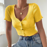 Summer Tops For Women 2020 V-Neck Ribbed Short-Sleeve Button Short Top  Deep V-Neck Streetwear Tanks Tops Camis