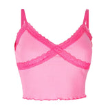 Sweet Spaghetti Strap Deep V Women Lace Tops Camis Women Tops  Summer Tops Ribbed Backless Crop Tops Streetwear  tops
