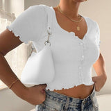 Women's Knitted V-Neck Ribbed Short-Sleeve Crop Top With Button Short Summer Top Short Shirt Solid Color Casual Tops топ женский