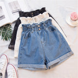 2020 Summer High Waist Denim Shorts Women Casual Loose Ladies Fashion Roll Up Hem Elastic Waist Pocket Blue White Jeans Female
