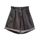 2020 Summer High Waist Denim Shorts Women Casual Loose Ladies Fashion Roll Up Hem Elastic Waist Pocket Blue White Jeans Female