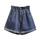 2020 Summer High Waist Denim Shorts Women Casual Loose Ladies Fashion Roll Up Hem Elastic Waist Pocket Blue White Jeans Female