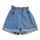 2020 Summer High Waist Denim Shorts Women Casual Loose Ladies Fashion Roll Up Hem Elastic Waist Pocket Blue White Jeans Female