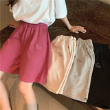 Casual Loose Oversize Women Shorts Solid Embroidery Leisure Korean Style Elastic Sweatpants Pockets Wide Leg Short Pants