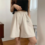 Casual Loose Oversize Women Shorts Solid Embroidery Leisure Korean Style Elastic Sweatpants Pockets Wide Leg Short Pants