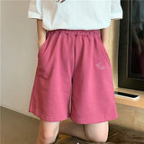 Casual Loose Oversize Women Shorts Solid Embroidery Leisure Korean Style Elastic Sweatpants Pockets Wide Leg Short Pants